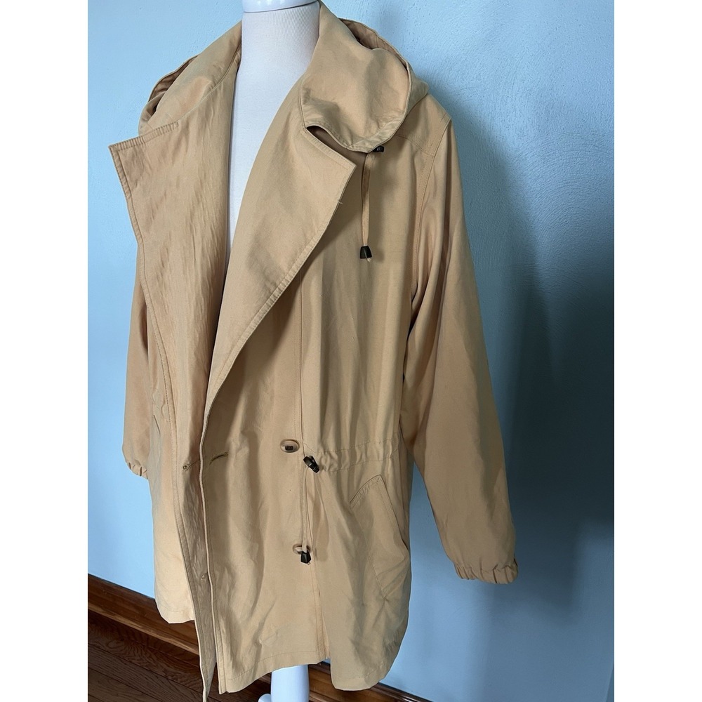 Vtg 80's Gallery‎ Butter Yellow M Coat Cinch Waist Shoulder Pads Hooded Tassles - Picture 2 of 9
